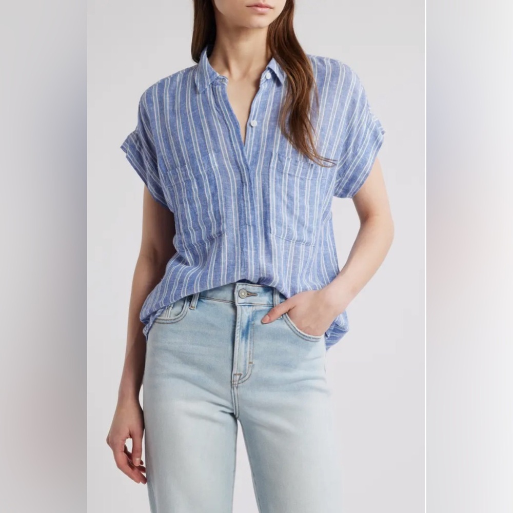 Rails Blue and White Striped Linen Button-Down Shirt